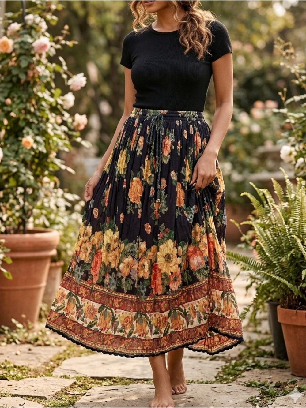 Basic Editions Maxi Skirt Mixed Floral Boho Peasant Festival Women L